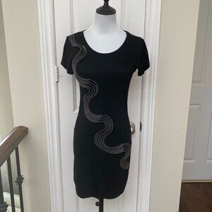 New Black Stretch Swirl Zippers Short Sleeve Crew Neck Night T-Shirt Mini Dress